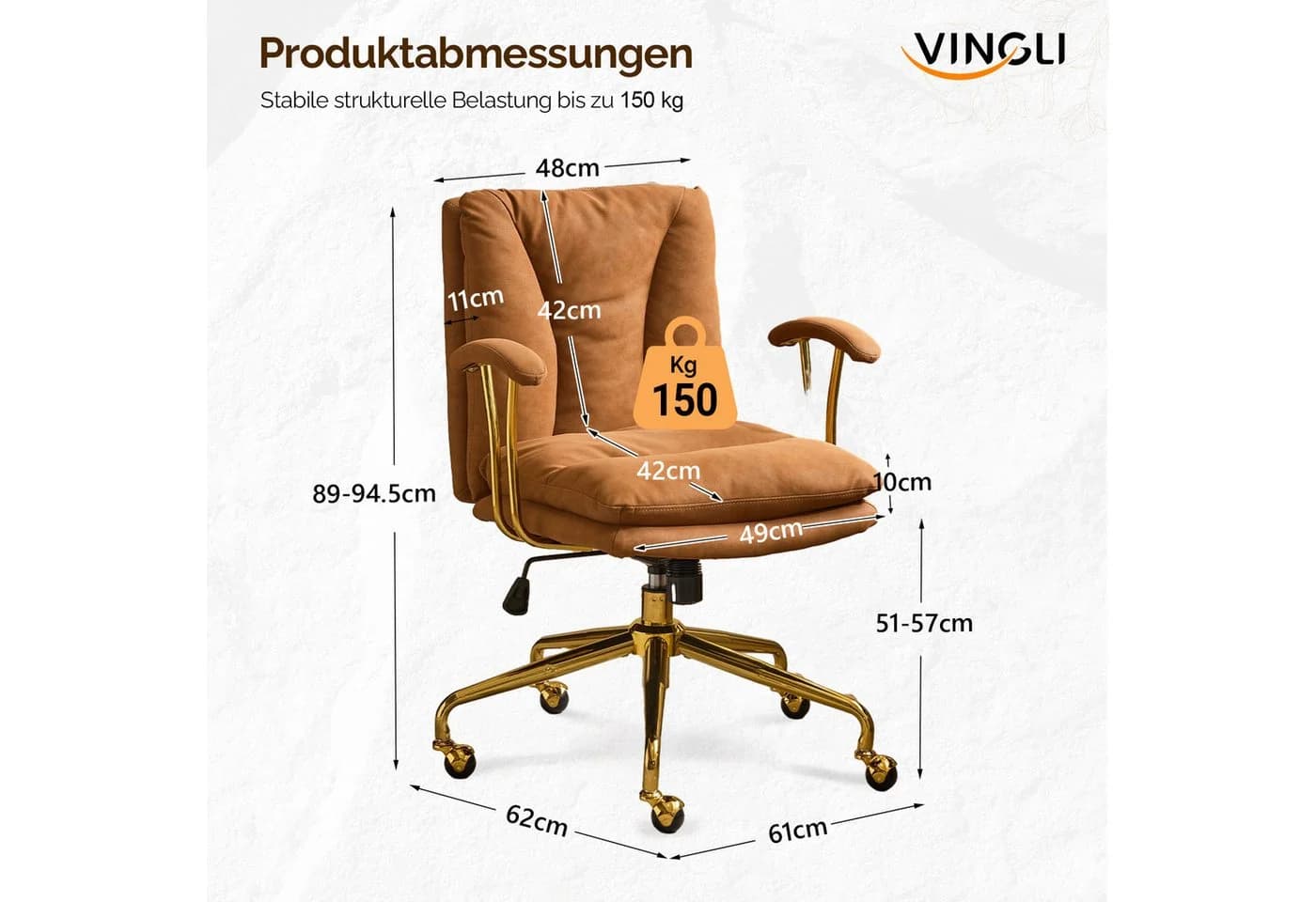 VINGLI Bürostuhl Ergonomisch Gold Armlehnen Chefsessel