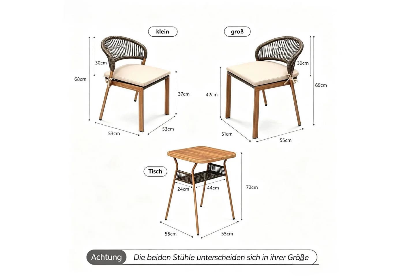 VINGLI Garten-Essgruppe 3-teilig Stapelbar Braun PE-Rattan