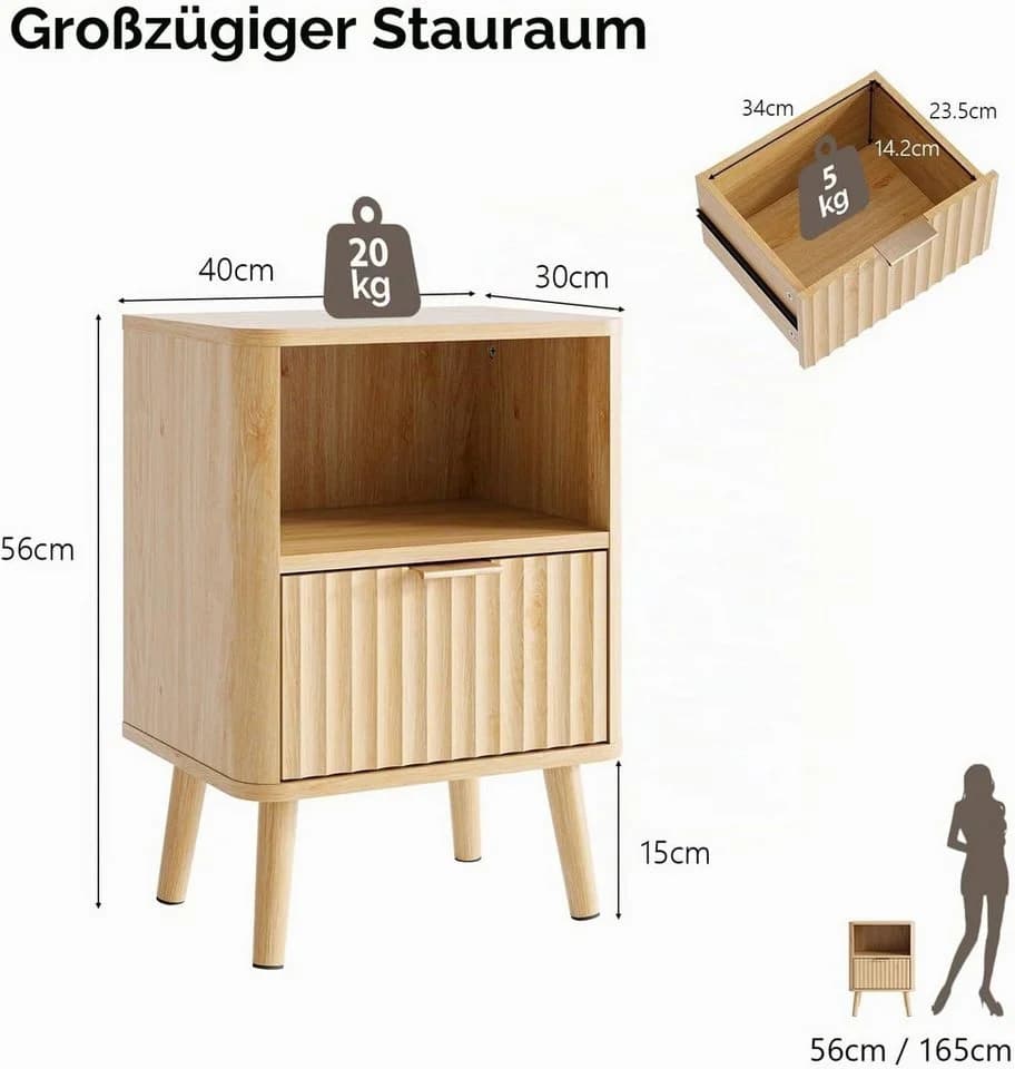 VINGLI Nachttisch mit Schublade und Ablage geriffelt