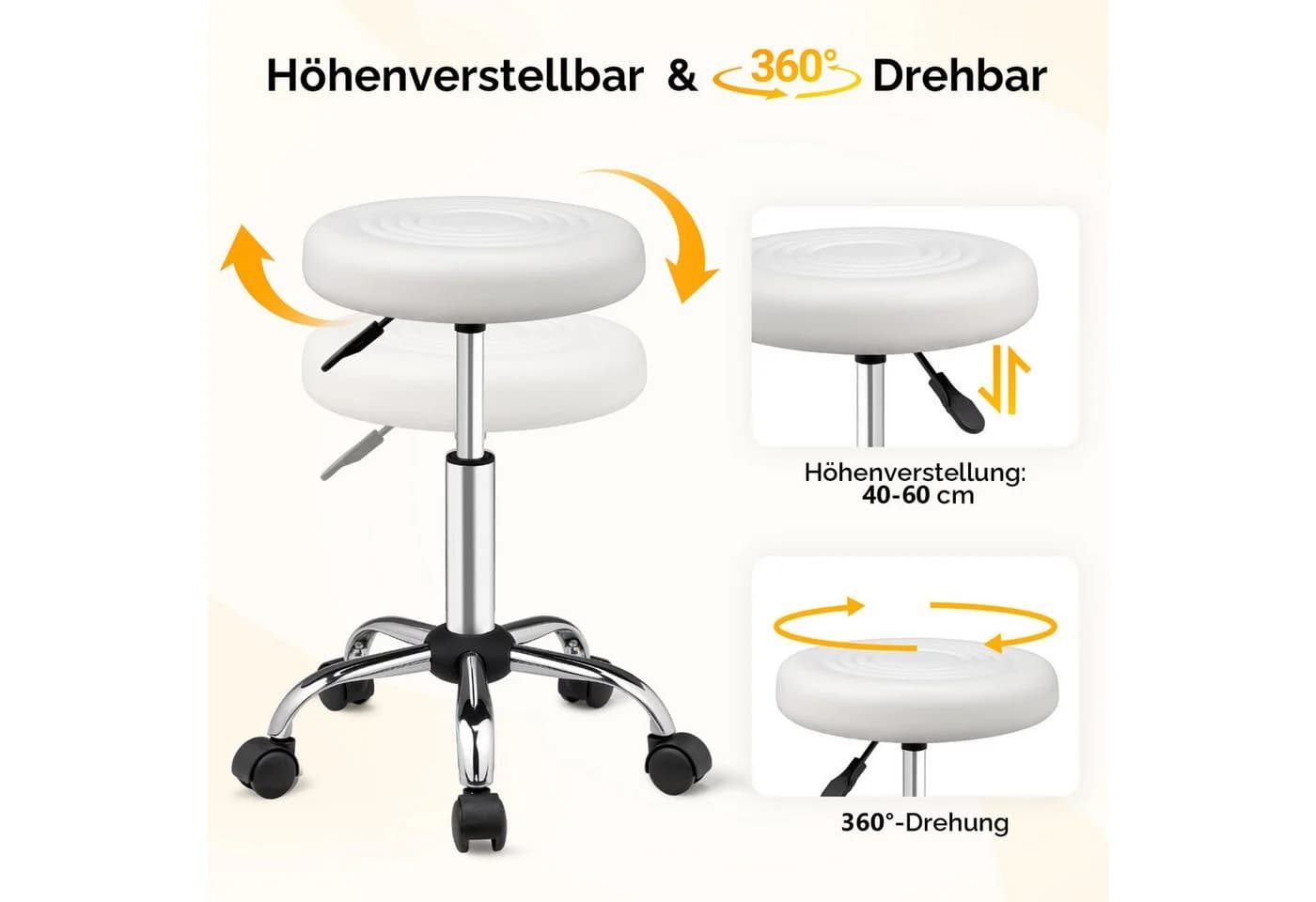 VINGLI Rollhocker höhenverstellbar PU-Leder weiß