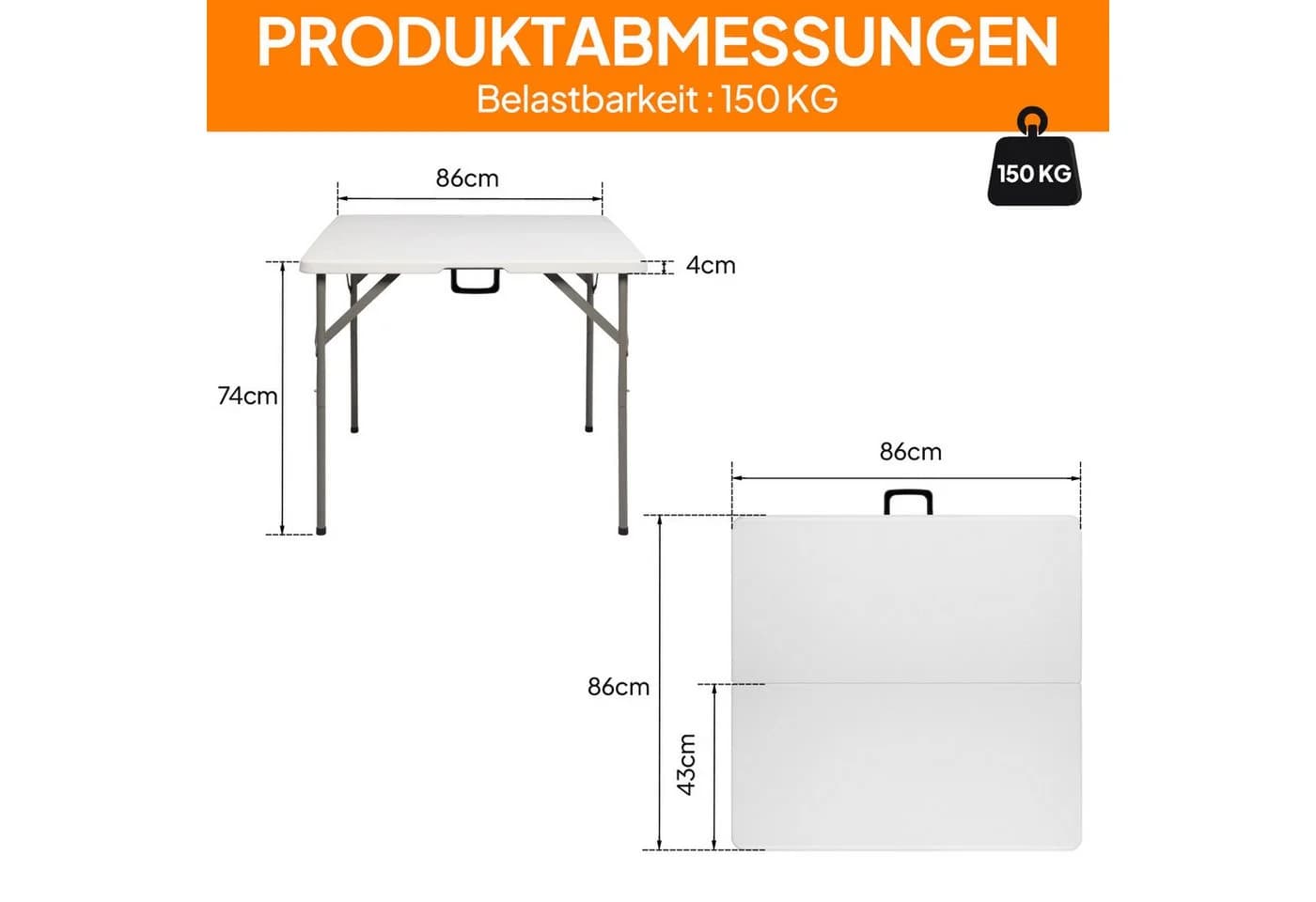 VINGLI Campingtisch Klapptisch 86x86 cm Weiß