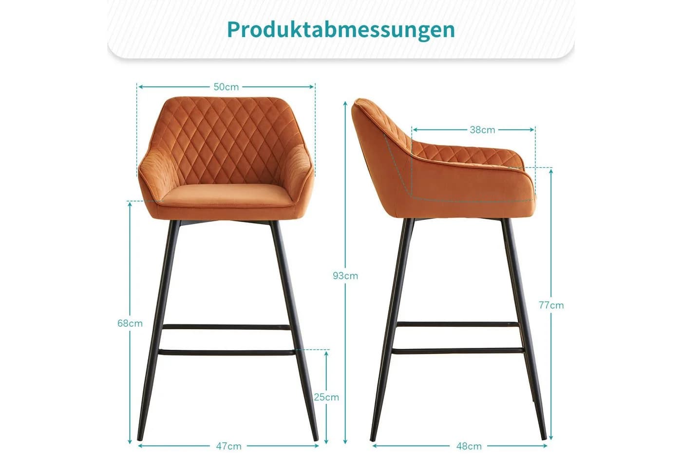 JYMTOM Barhocker 2er-Set Kunstleder Hellorange mit Armlehne