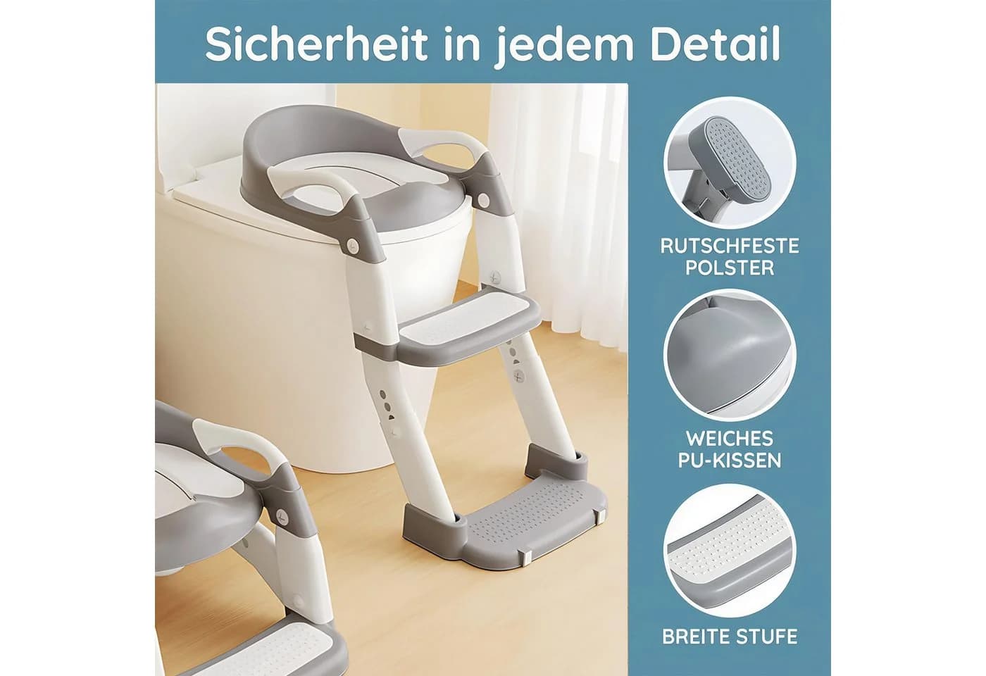 AKKEE Toilettentrainer 3-in-1 mit Tritthocker Grau