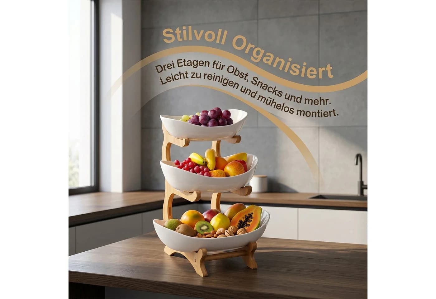 AKKEE Obstschale 3 Etagen Weiß Bambus Kunststoff Etagere