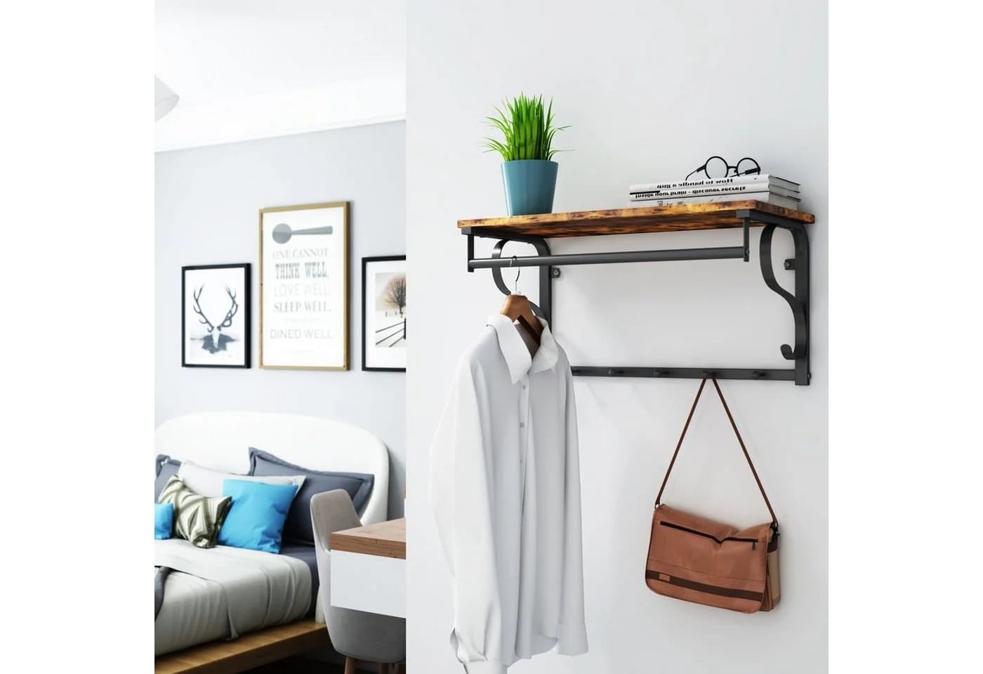 VASAGLE Wandgarderobe mit Ablage und Haken Vintagebraun-Schwarz
