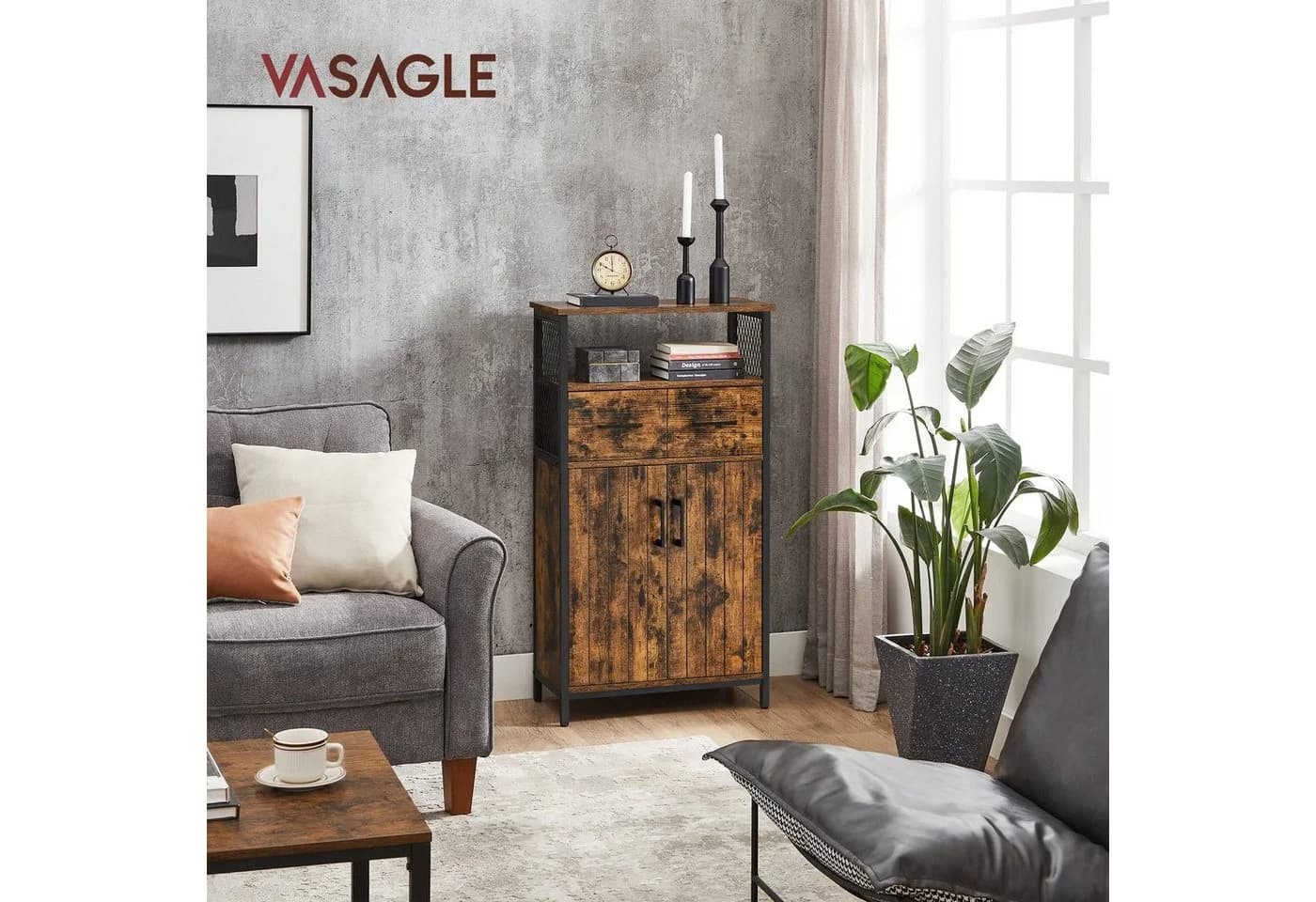 VASAGLE Highboard Sideboard Vintagebraun-Schwarz 108 x 60 x 30 cm