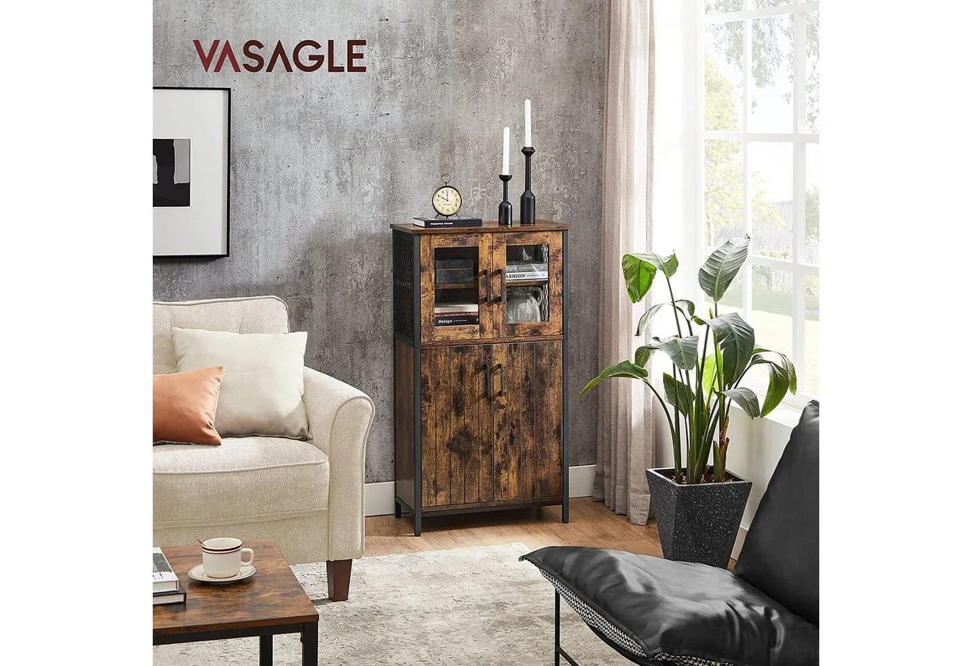 VASAGLE Highboard Kücheschrank Vintagebraun-Schwarz/Weiß-Goldfarben