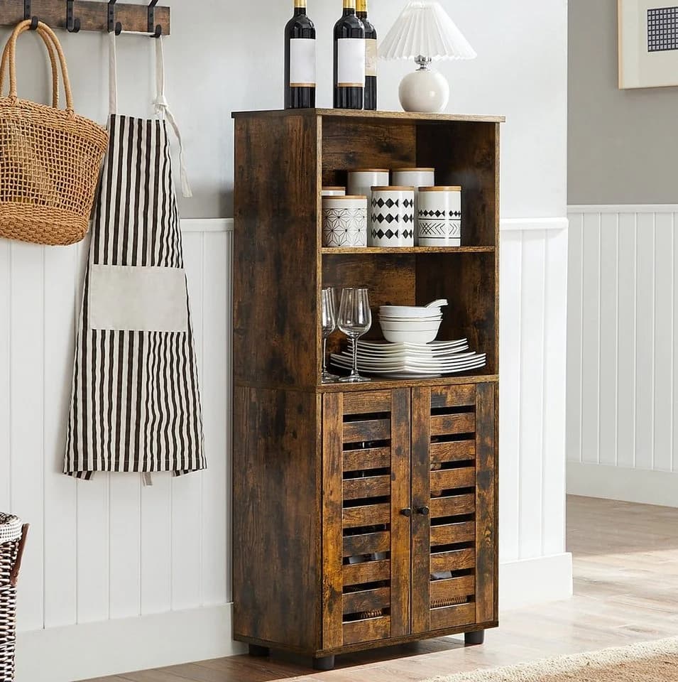VASAGLE Highboard Bücherschrank Lamellentüren 2 offene Fächer Braun