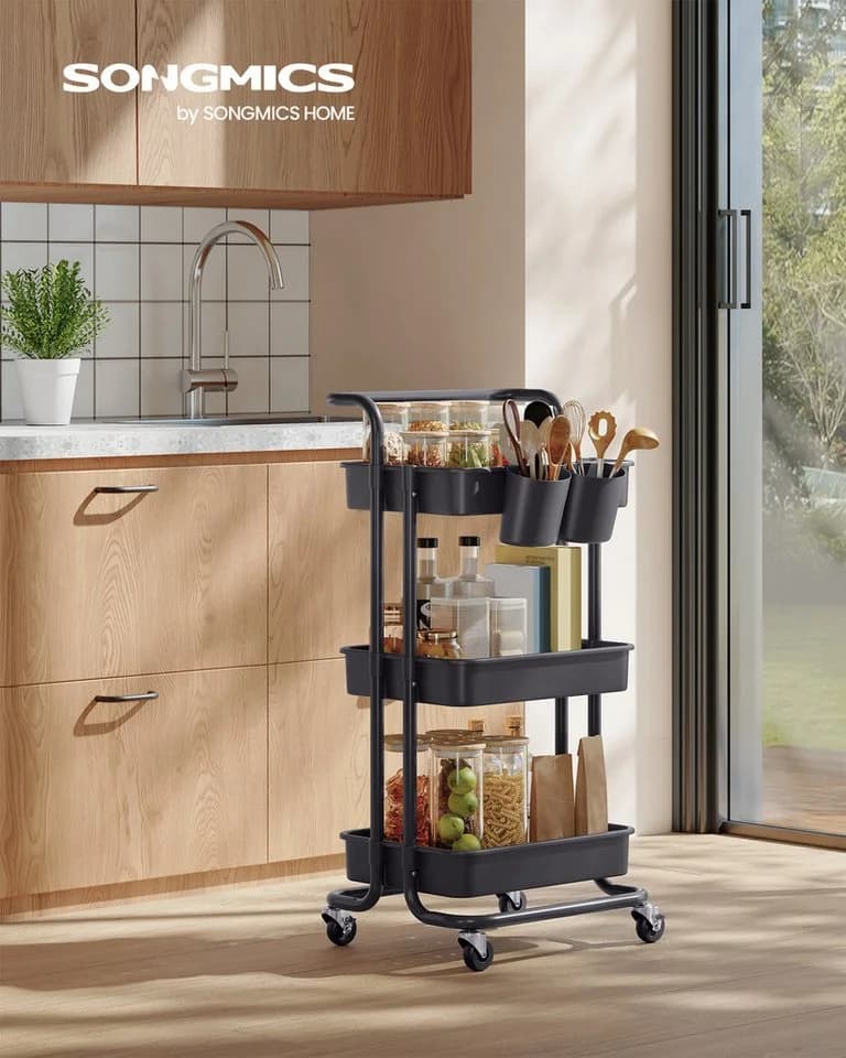 SONGMICS Beistellwagen Servierwagen Schwarz Kunststoff