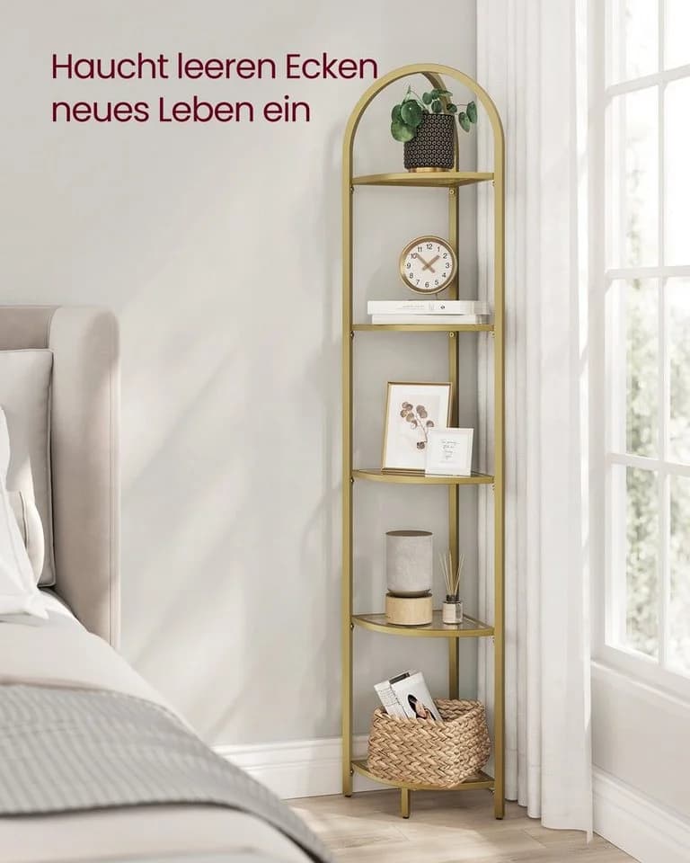 VASAGLE Eckregal 5 Ebenen Bücherregal Hartglas Goldfarben