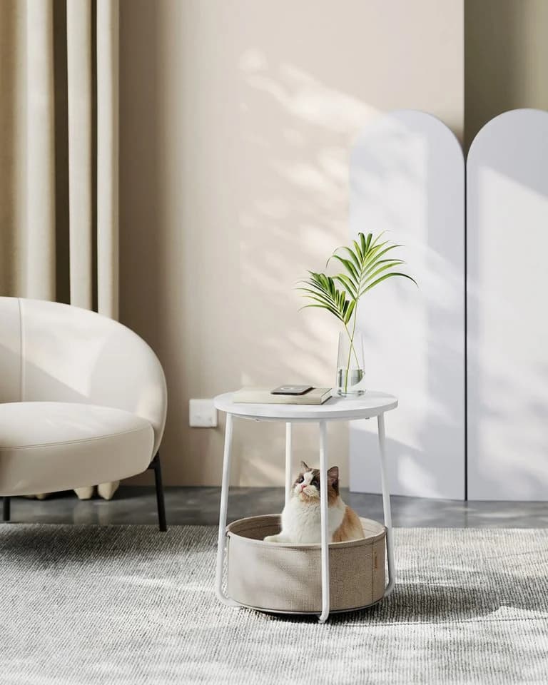 VASAGLE Beistelltisch Rund Weiß-Beige mit Stoffkorb