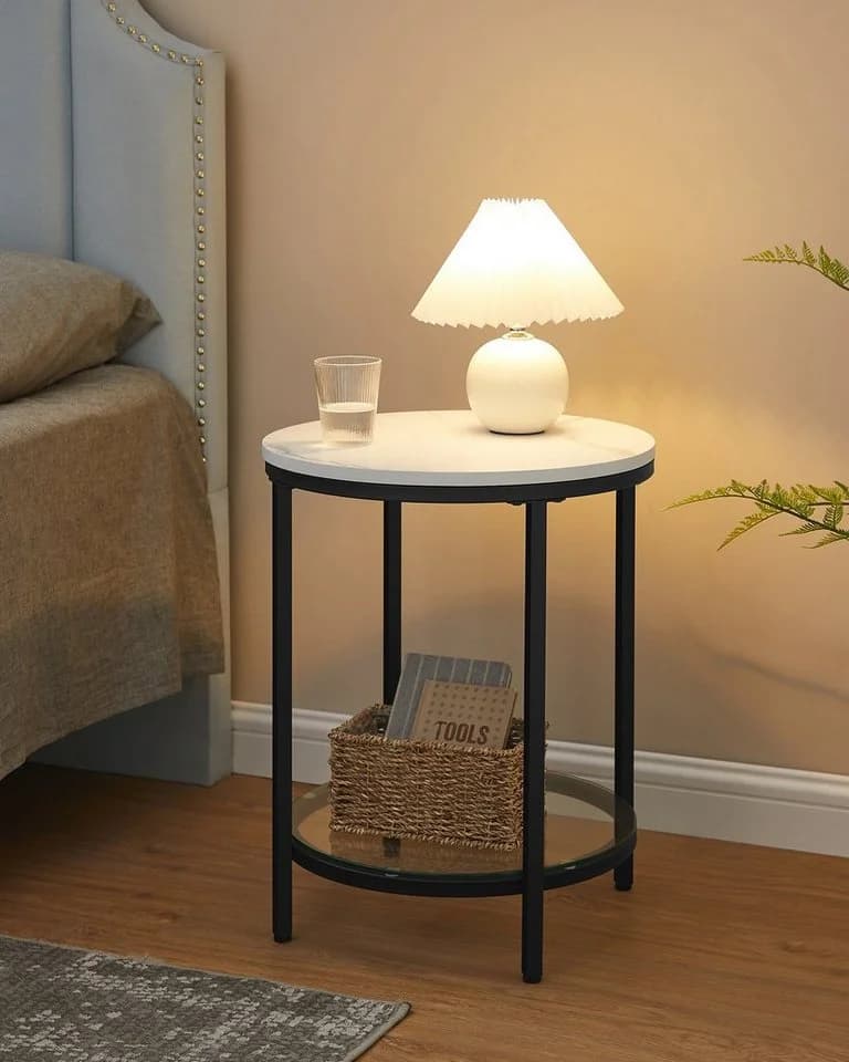 VASAGLE Beistelltisch 2 Ebenen Hartglas Marmoroptik Ø 45 cm Modern Minimalistisch