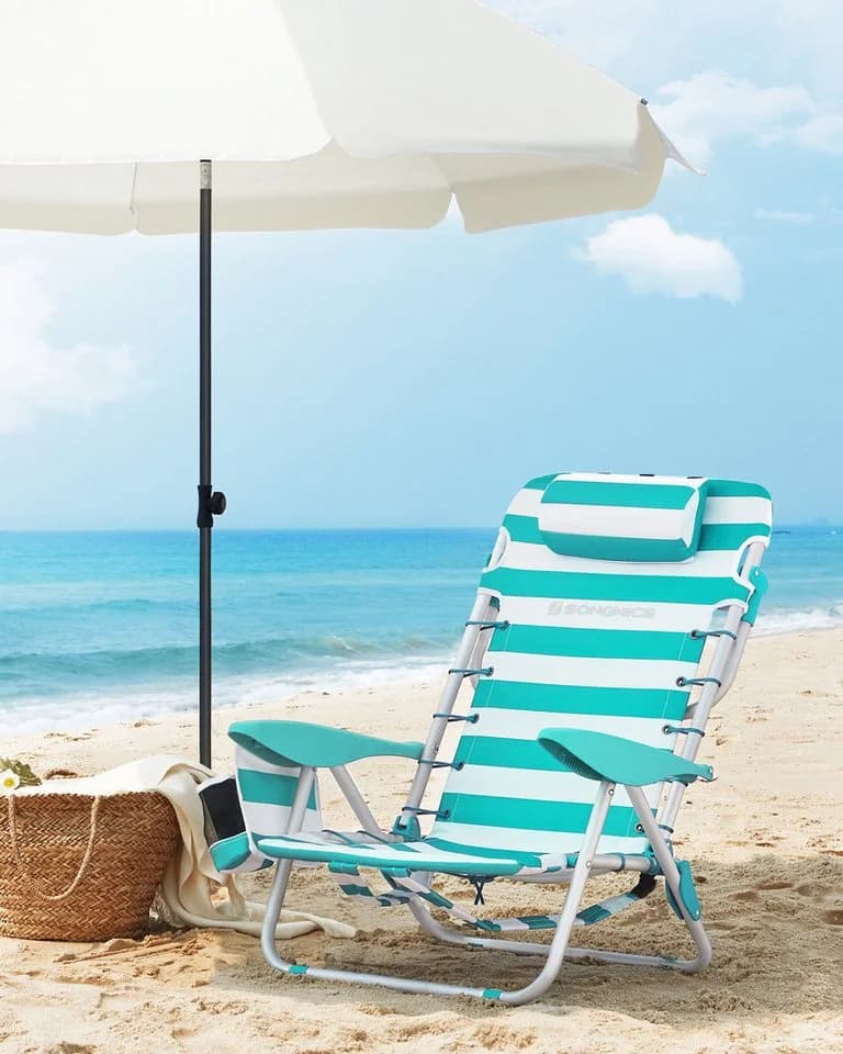 SONGMICS Strandstuhl Klappstuhl mit Kopfstütze Grün-Weiß