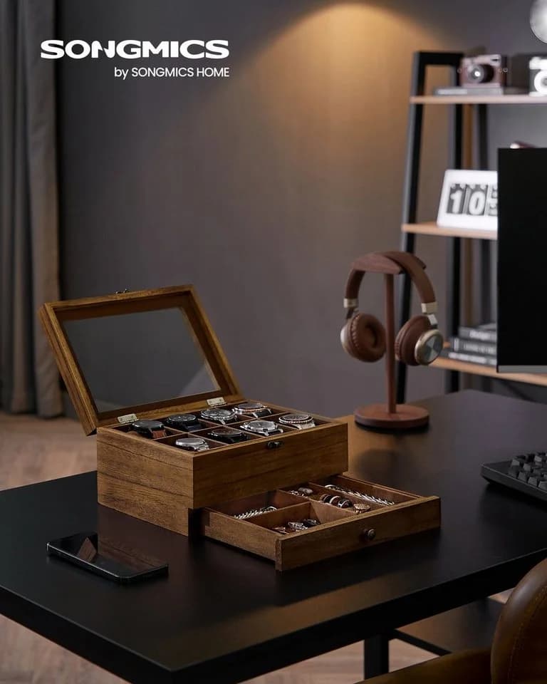 SONGMICS Uhrenbox Uhrenkasten mit 8/12 Fächern aus Massivholz Glasdeckel Walnussfarben