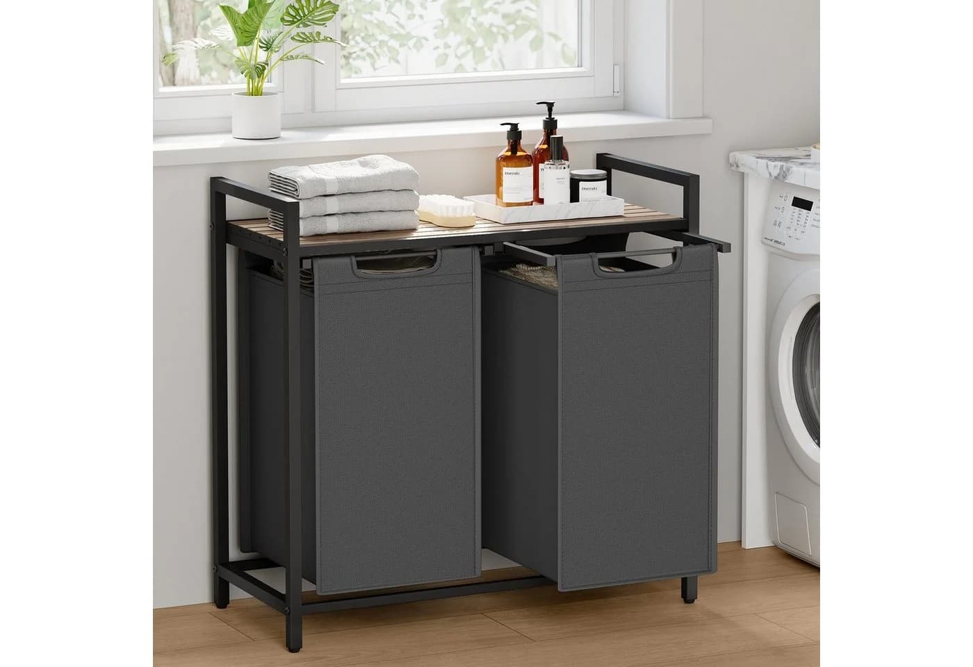 VASAGLE Wäschekorb 2 Wäschesäcke Oxford-Gewebe abnehmbar 2 x 46 L