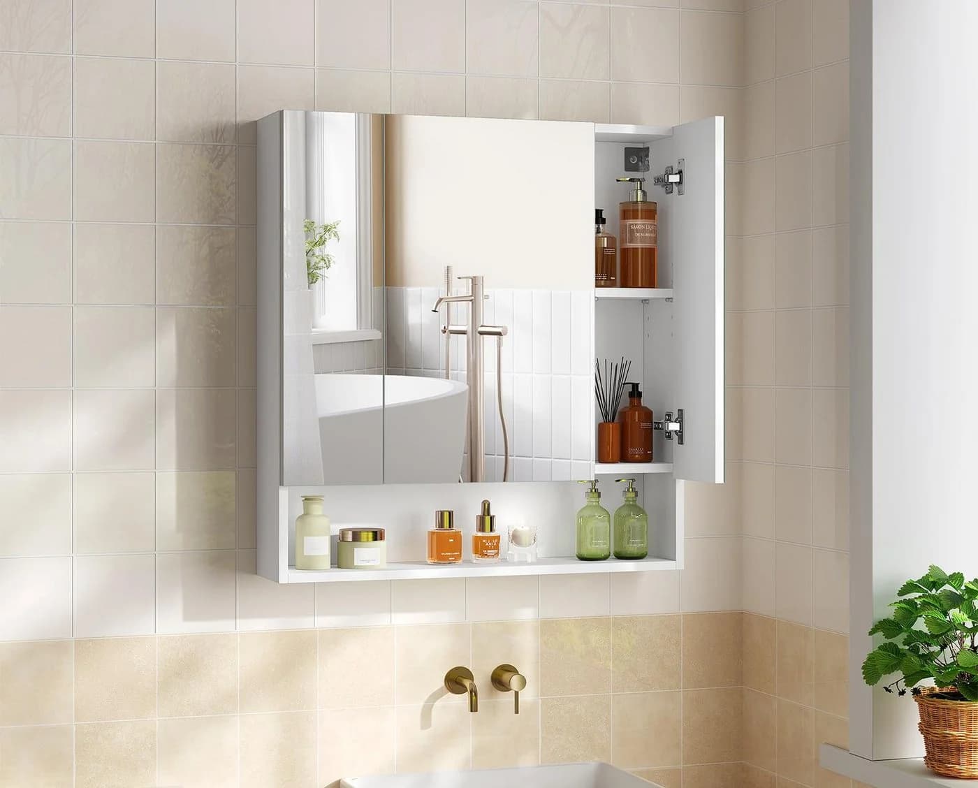 VASAGLE Spiegelschrank Badschrank 70-90cm 3 Türen Wolkenweiß