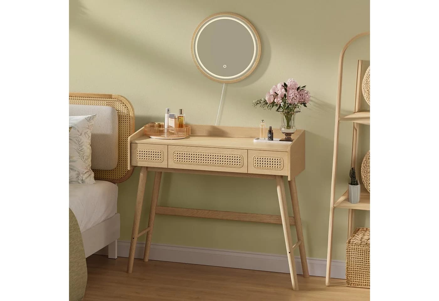 SONGMICS HOME Schminktisch Kosmetiktisch Beige mit Spiegel Beleuchtung 3 Schubladen