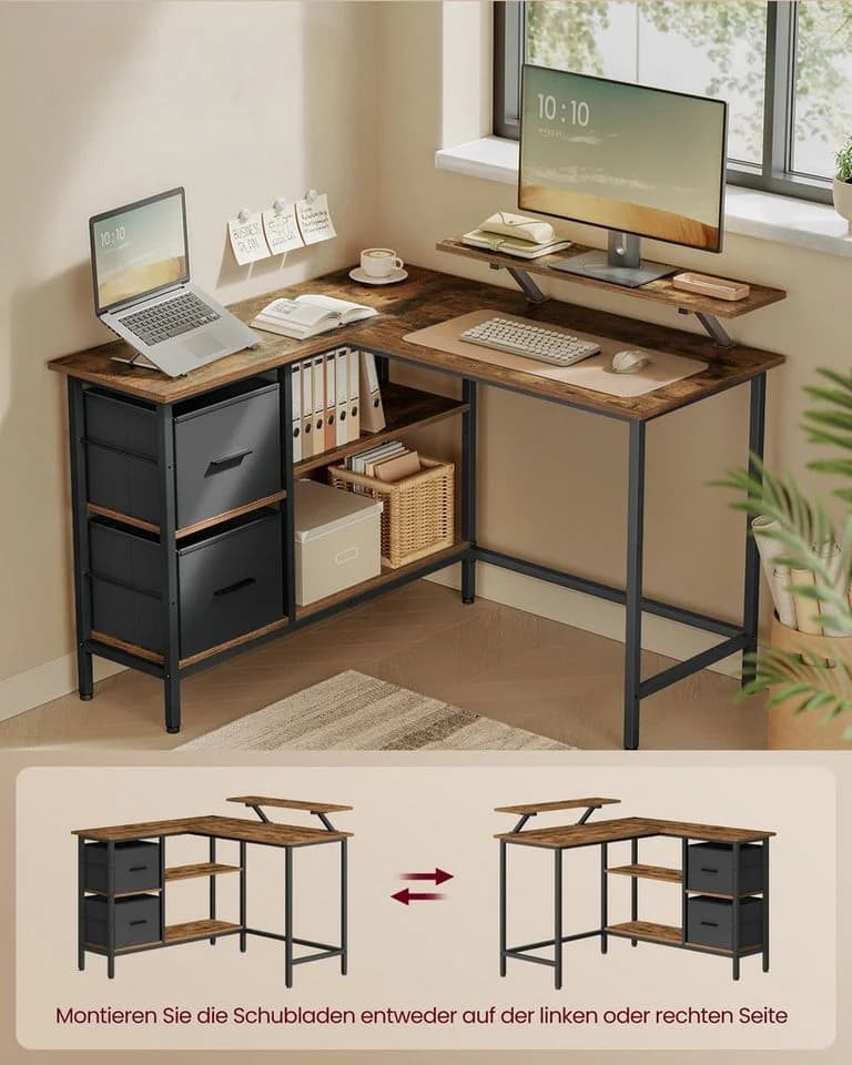 VASAGLE Eckschreibtisch L-Form mit verstellbarer Ablage und Monitorständer, 115/135 cm