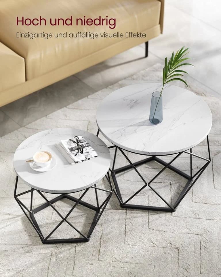 VASAGLE Couchtisch-Set 2er Set Beistelltisch Abnehmbare Tischplatte 60x45cm+50x40cm