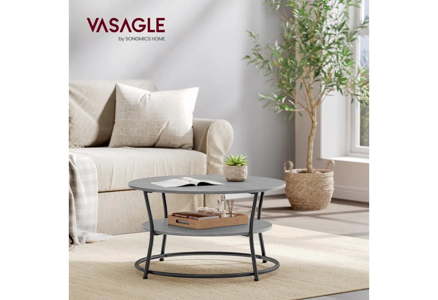 VASAGLE Couchtisch Wohnzimmertisch Ø 80 cm Betongrau