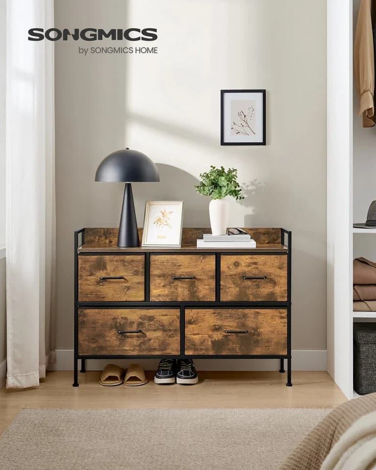 SONGMICS Kommode Schlafzimmer 5 Stoff-Schubladen Wolkenweiß-Eichenbeige