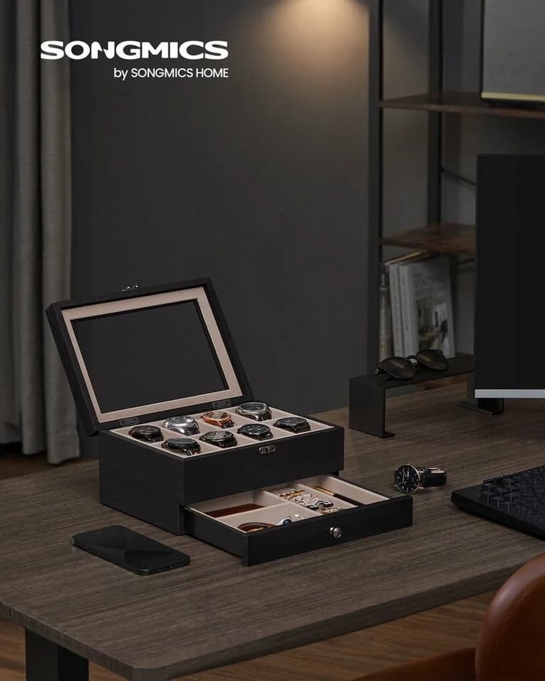 SONGMICS Uhrenbox Uhrenkasten 8/12 Fächer Massivholz Glasdeckel Walnuss