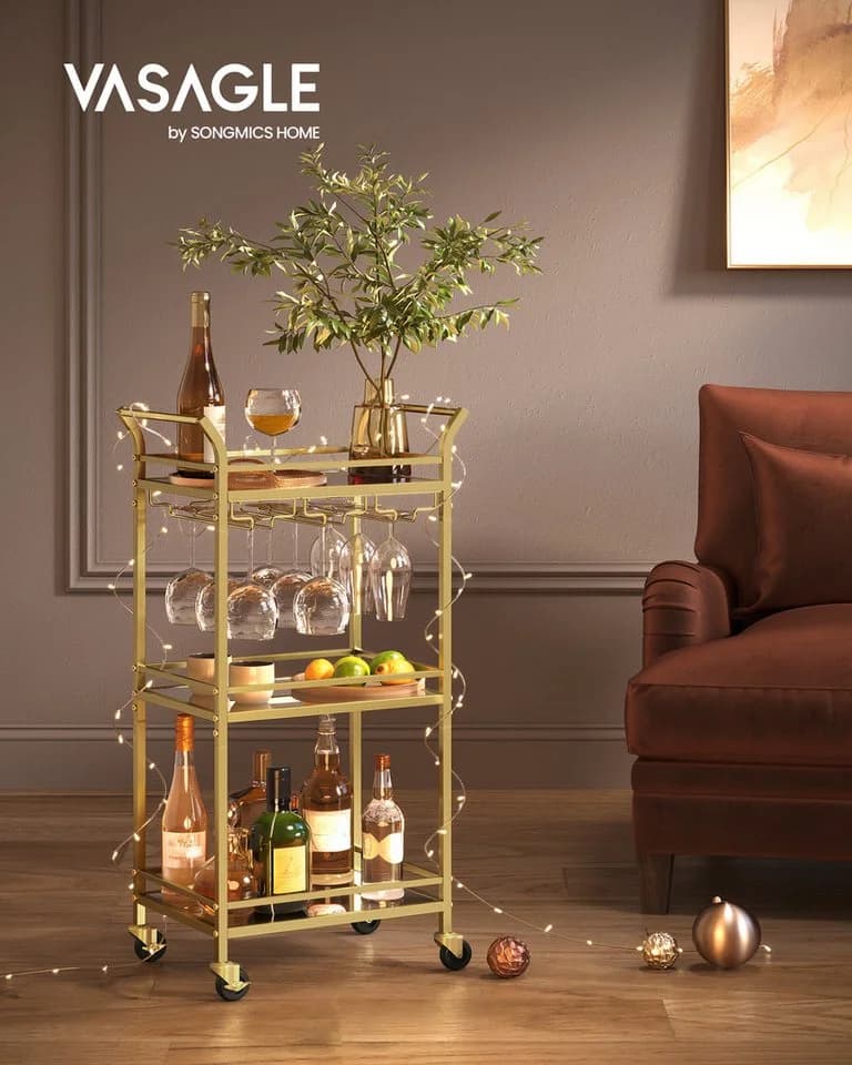 VASAGLE Servierwagen Goldfarben/Schwarz Barwagen 3 verspiegelte Glasablagen