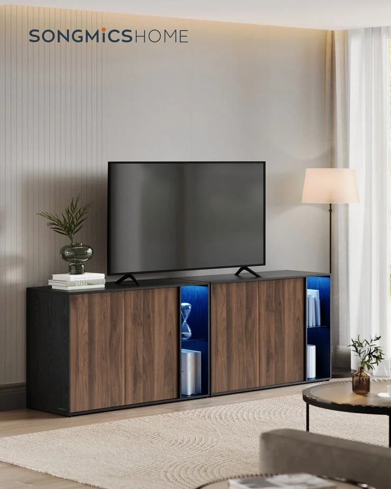SONGMICS HOME Sideboard Aufbewahrungsschrank mit Beleuchtung, Werkzeuglose Montage