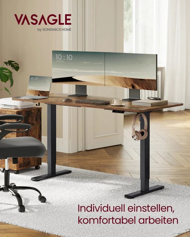 VASAGLE Höhenverstellbarer Schreibtisch Elektrisch 2 Haken 4 Rollen Memory-Funktion 3 Höhen