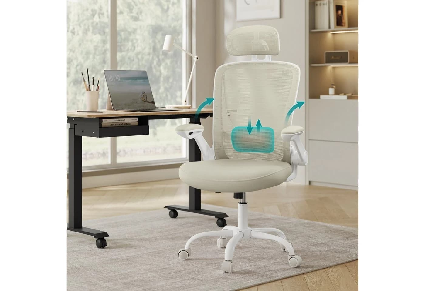 SONGMICS Bürostuhl Ergonomisch Drehstuhl Mesh Wippfunktion Klappbare Armlehnen Beige