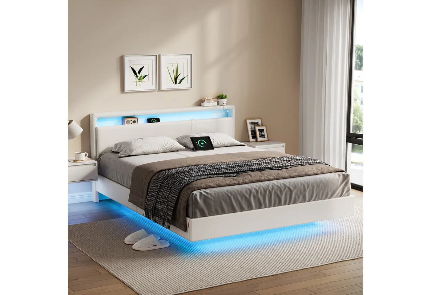 VASAGLE Polsterbett 160 x 200 cm LED Wolkenweiß