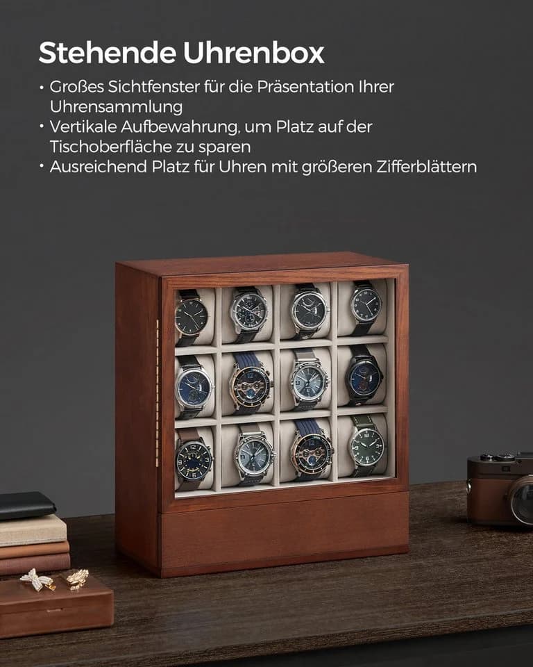 SONGMICS Uhrenbox 12 Fächer Kaffeebraun Vertikale Aufbewahrung
