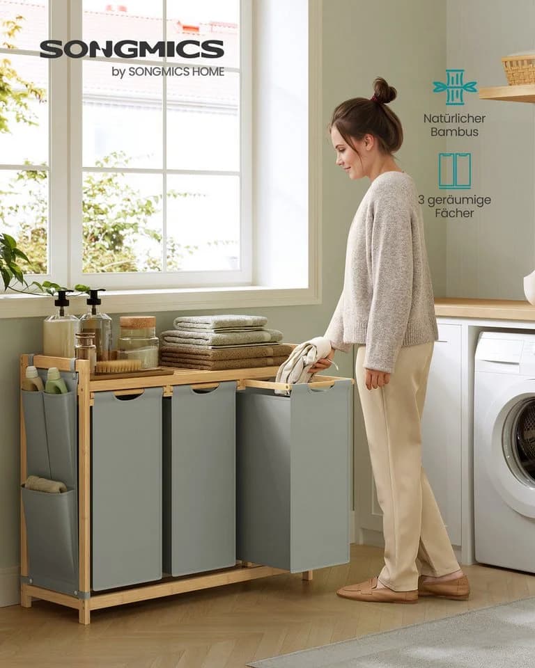 SONGMICS Wäschekorb 2 Fächer Bambus Cremeweiß 100 L