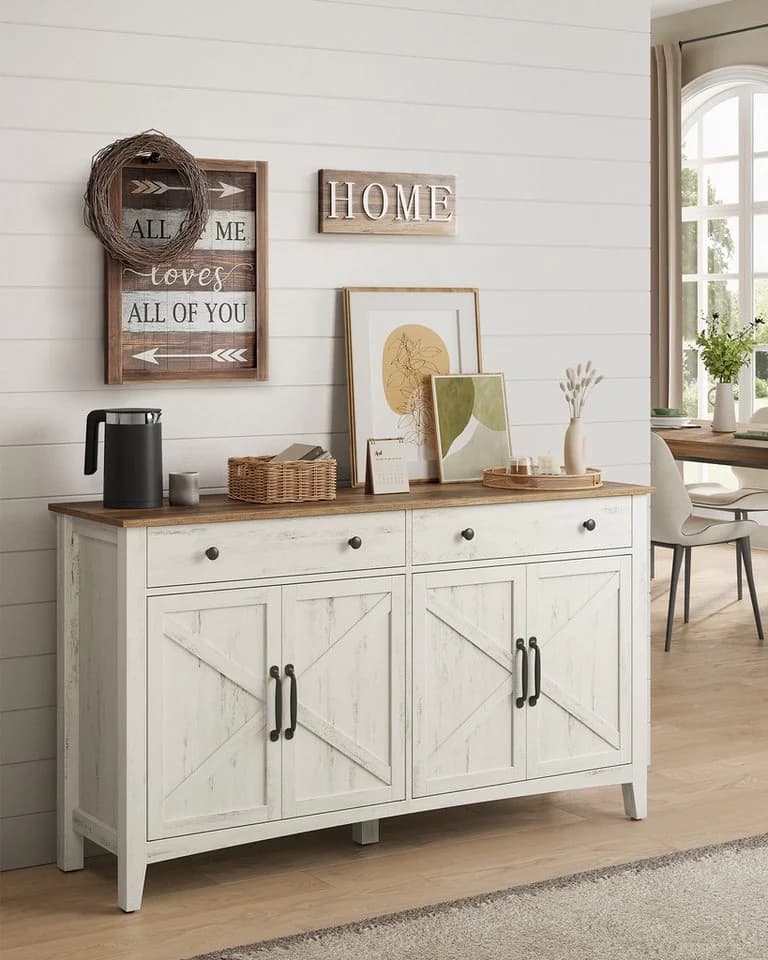 VASAGLE Sideboard Küchenschrank Vintageweiß-Honigbraun Landhausstil
