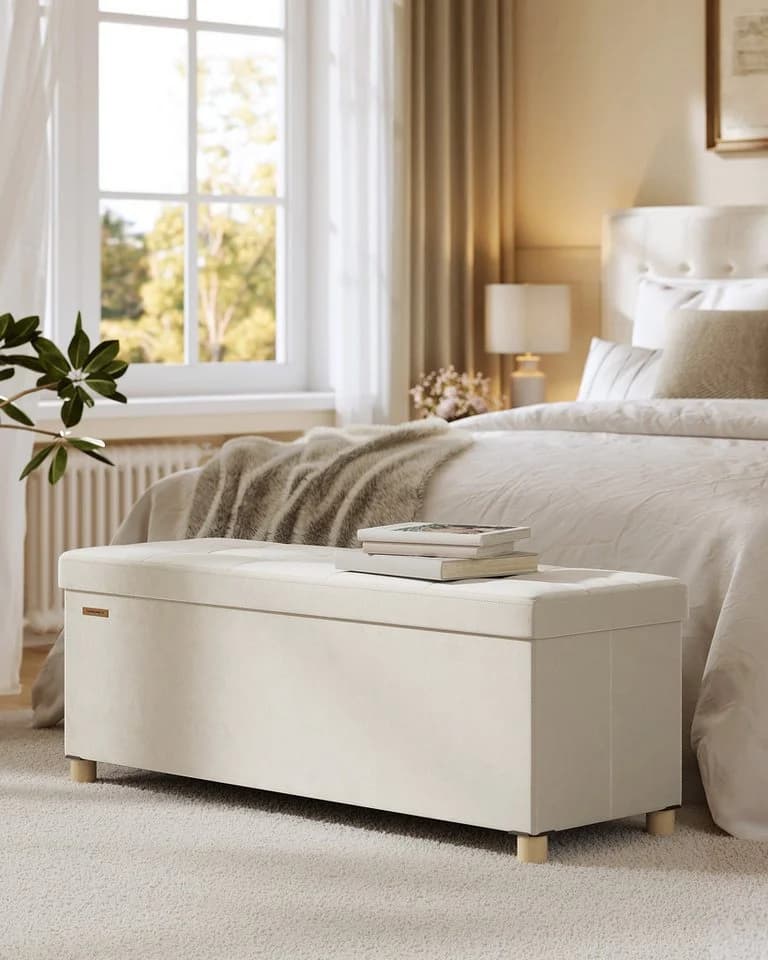 SONGMICS Sitzbank Aufbewahrungsbox Faltbar Beige 38 x 110 x 40 cm