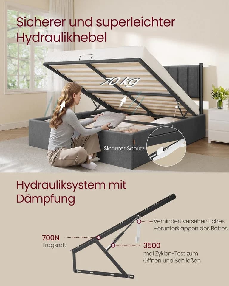 VASAGLE Polsterbett 160x200 cm Hydrauliksystem Hochtragfähig Bettrahmen Klappbar Lattenrost Stauraum