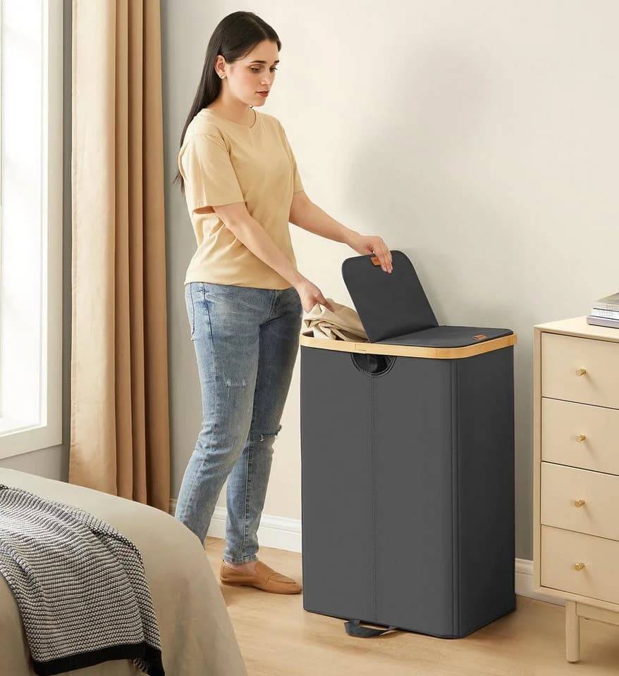 SONGMICS Wäschekorb 150 Liter 2 Fächer Deckel Schwarz-Beige