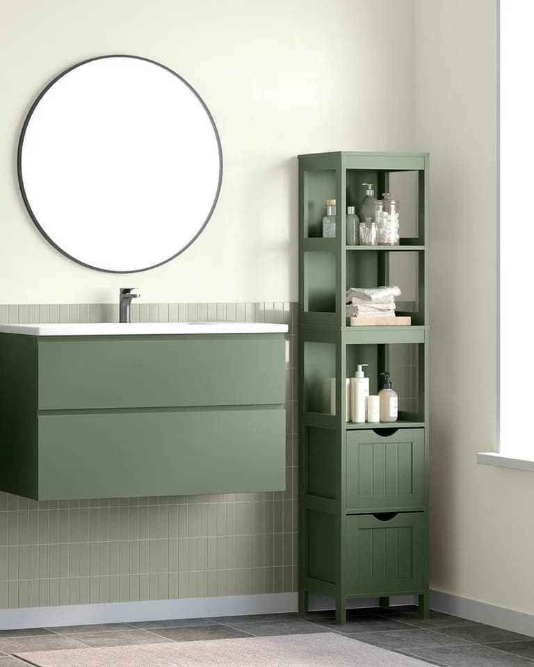VASAGLE Badezimmerschrank Hochschrank Waldgrün 2 Schubladen 3 Fächer