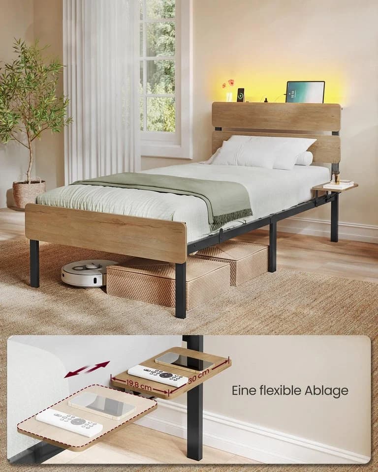 VASAGLE Bettgestell 90 x 200 cm Metallrahmen LED-Beleuchtung Braun