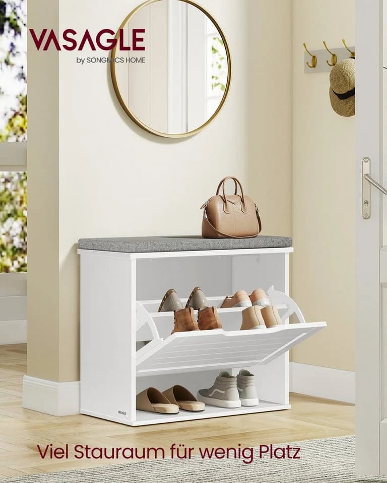 VASAGLE Schuhbank Sitzbank Klappfach Sitzkissen 30x60x53,5 cm Weiß-Grau