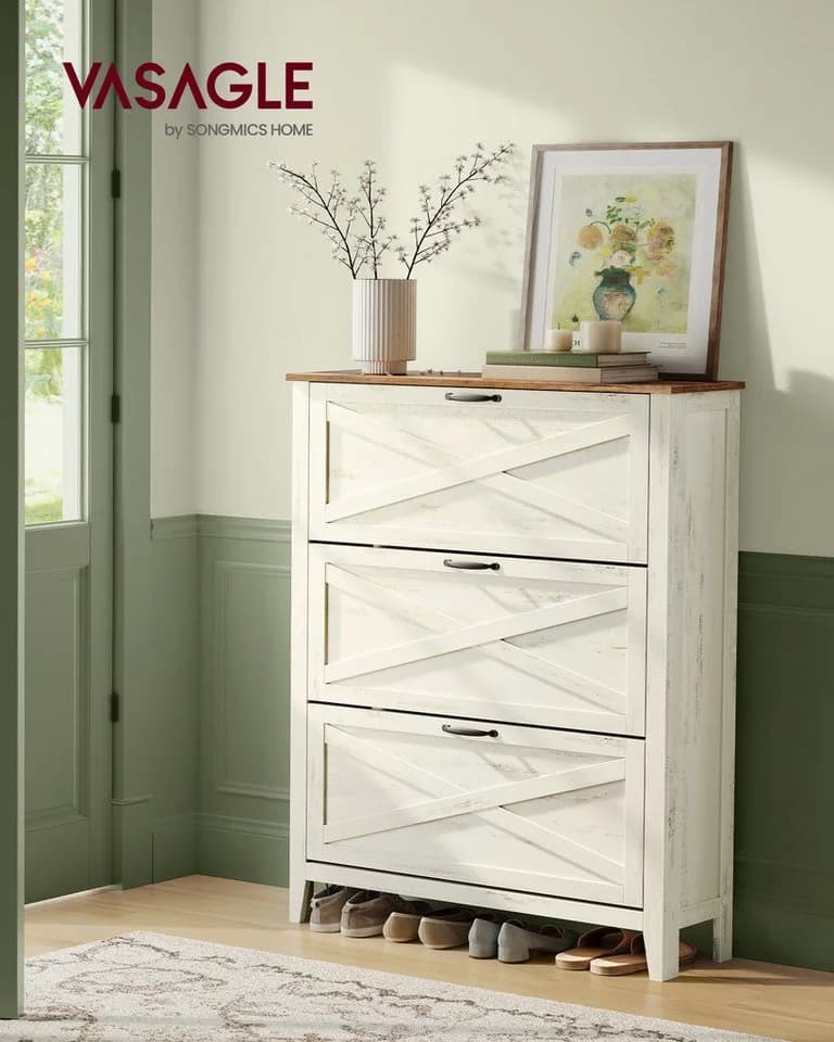 VASAGLE Schuhschrank Landhausstil 3 Klappen 18-24 Paar Schuhe