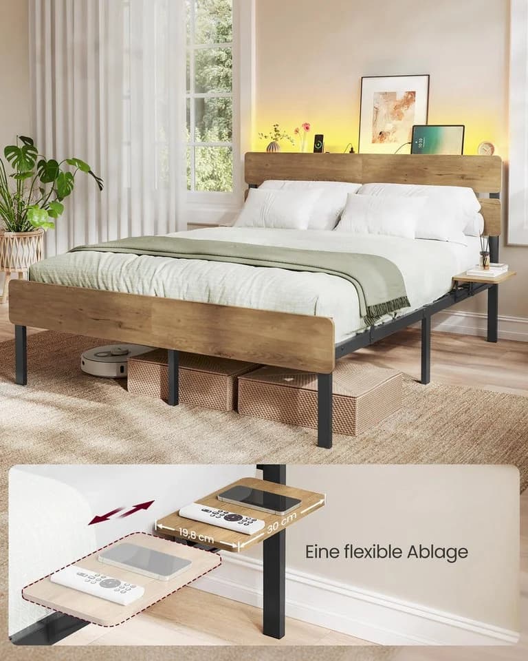 VASAGLE Bettgestell 140x200 cm Braun Metallrahmen LED-Beleuchtung