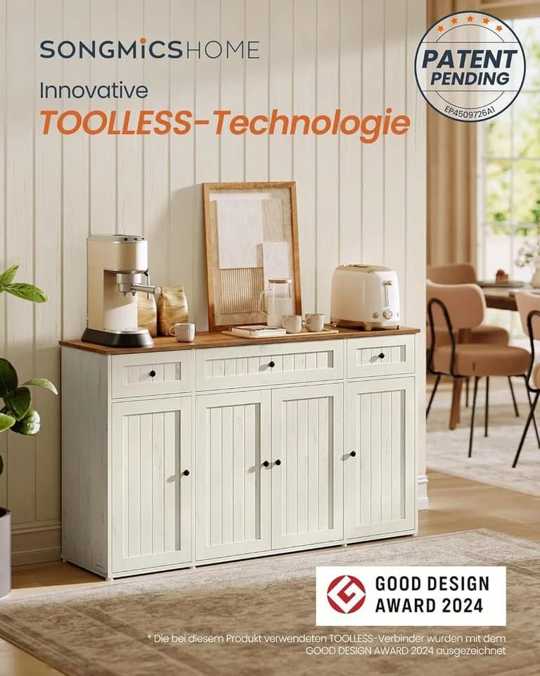 VASAGLE Sideboard Küchenschrank 39x81x140cm Toolless-Technologie