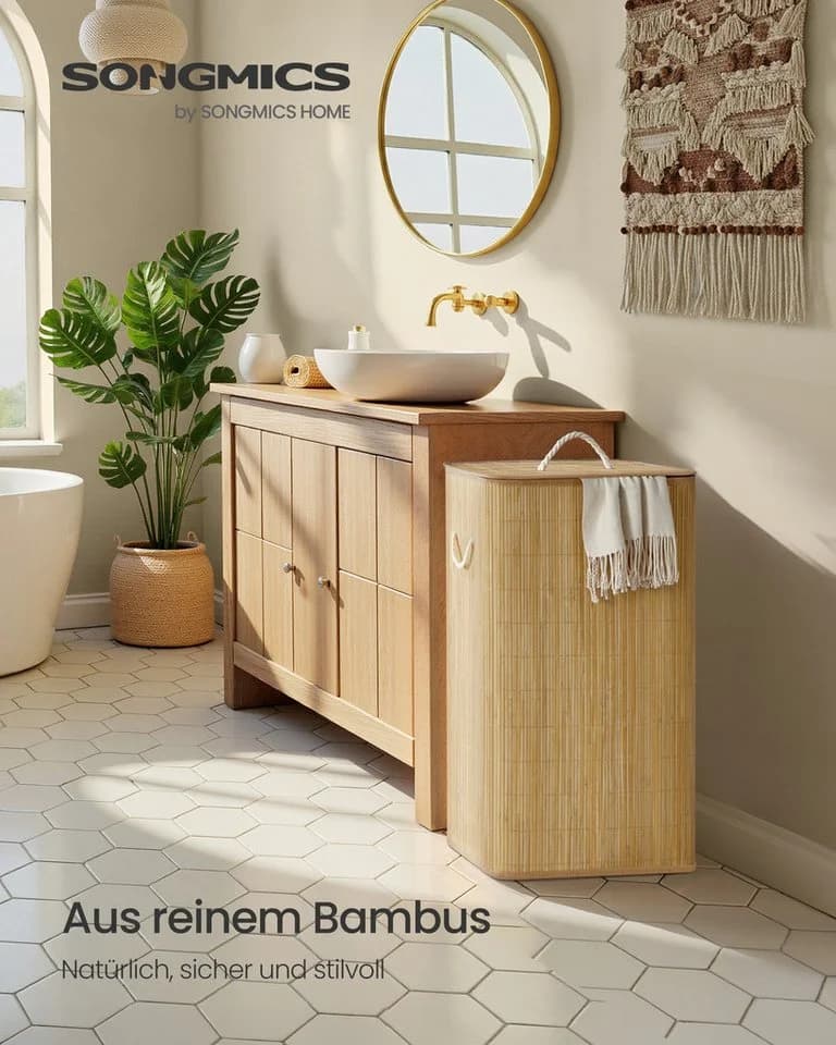 SONGMICS Wäschekorb mit Deckel 60/90 L Bambus faltbar