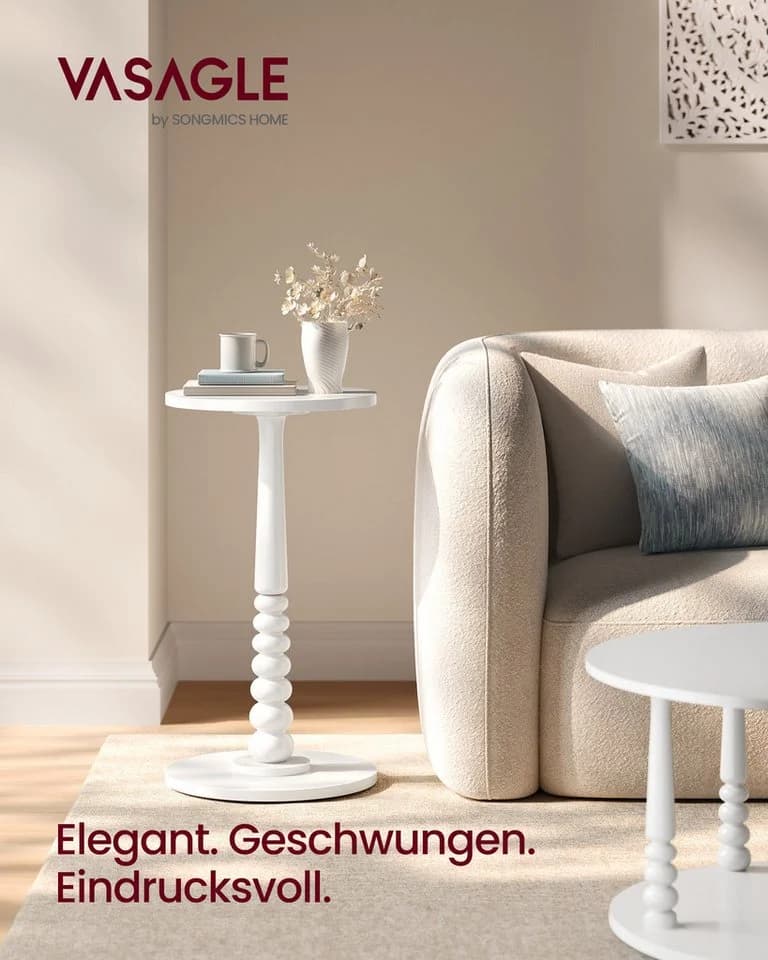 VASAGLE Beistelltisch Rund Massivholz Weiß