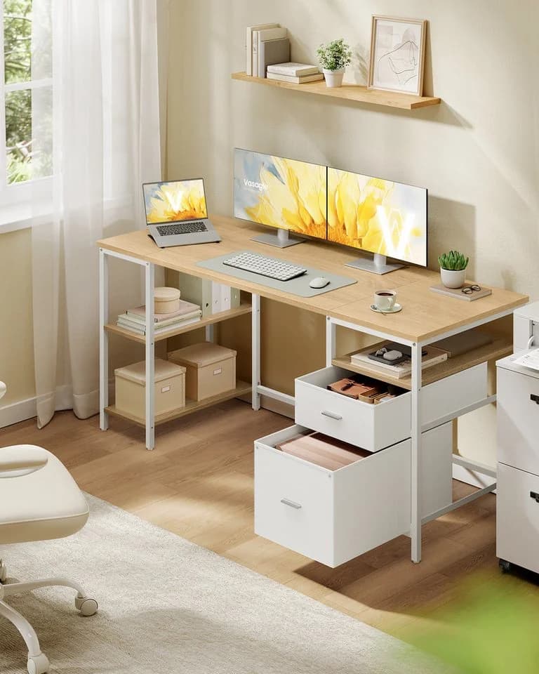 VASAGLE Schreibtisch Computertisch Bürotisch mit 3 Ablagen, 2 Schubladen