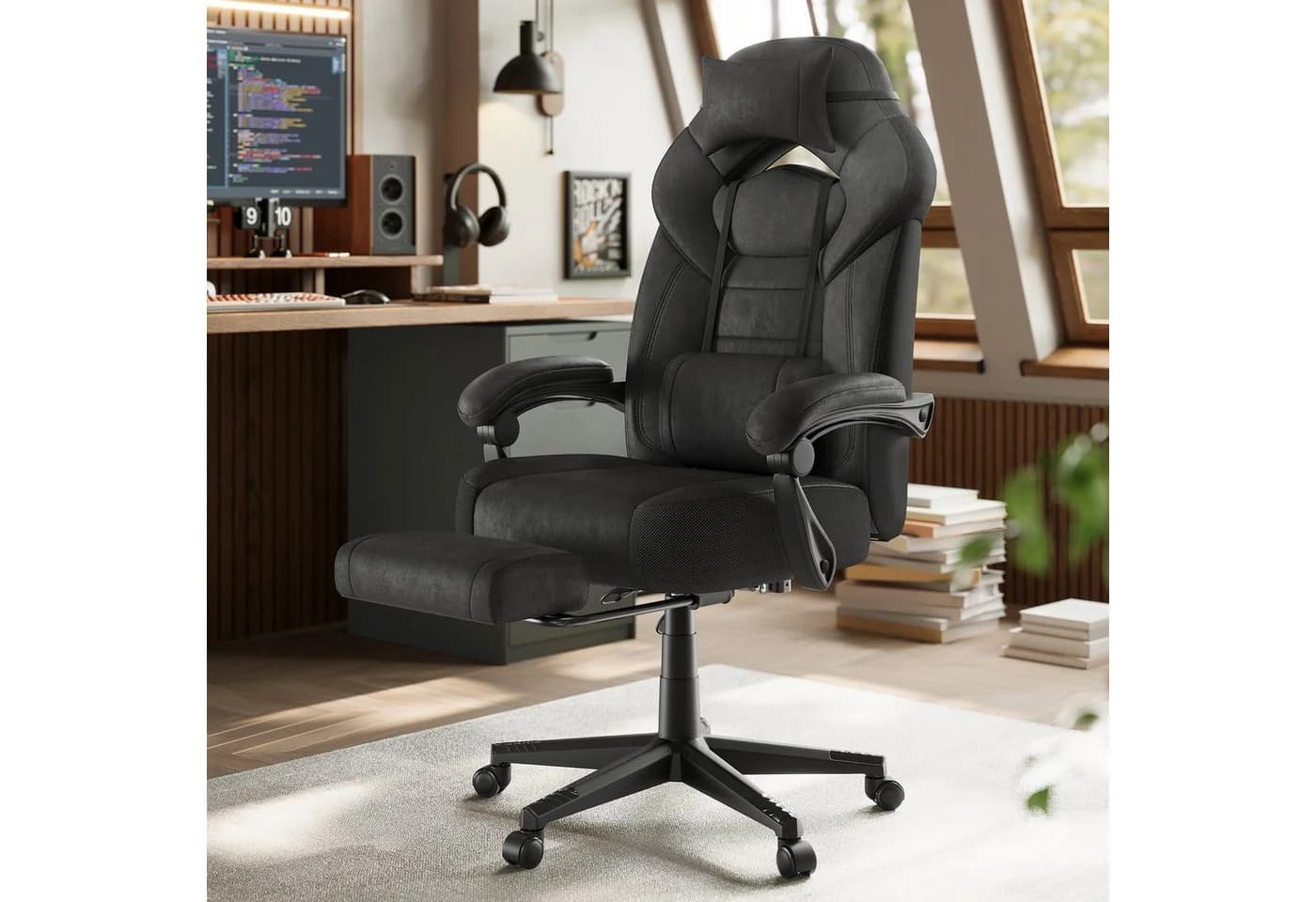 SONGMICS Gaming-Stuhl Schwarz Ergonomisch mit Fußstütze