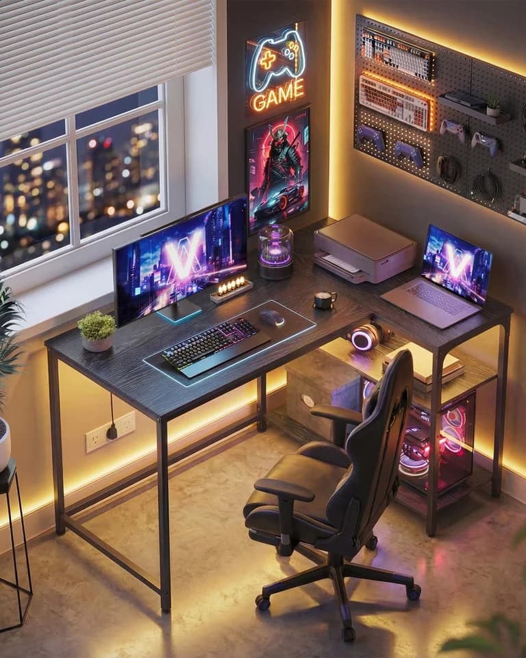 VASAGLE Eckschreibtisch L-Form Computertisch Stauraum Bürotisch höhenverstellbare Ablage Homeoffice 110/120 cm