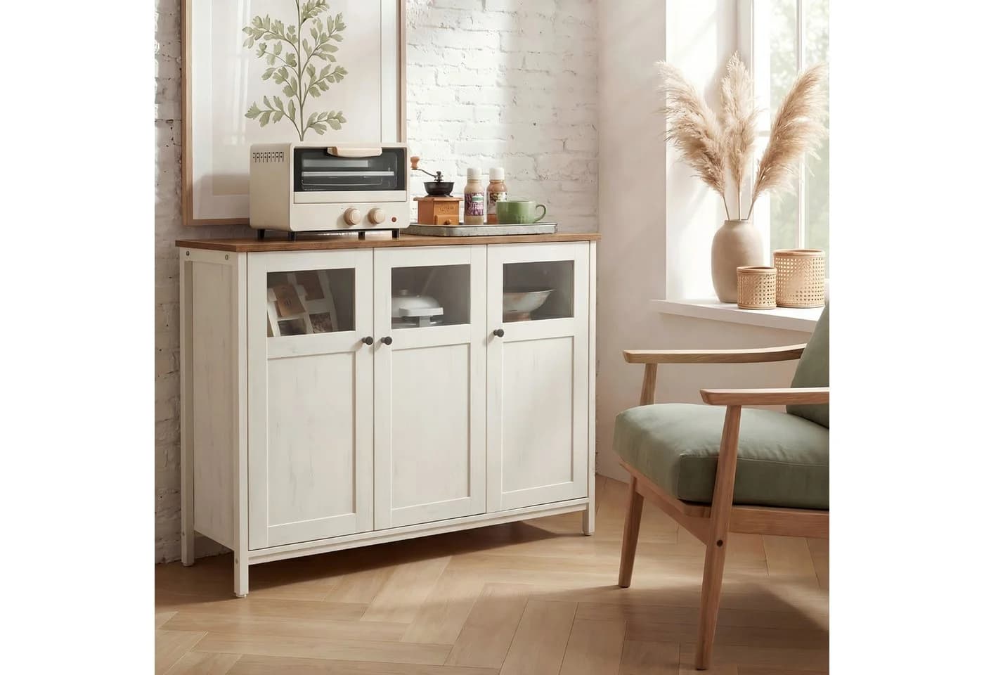 VASAGLE Sideboard Küchenschrank Honigbraun-Vintageweiß