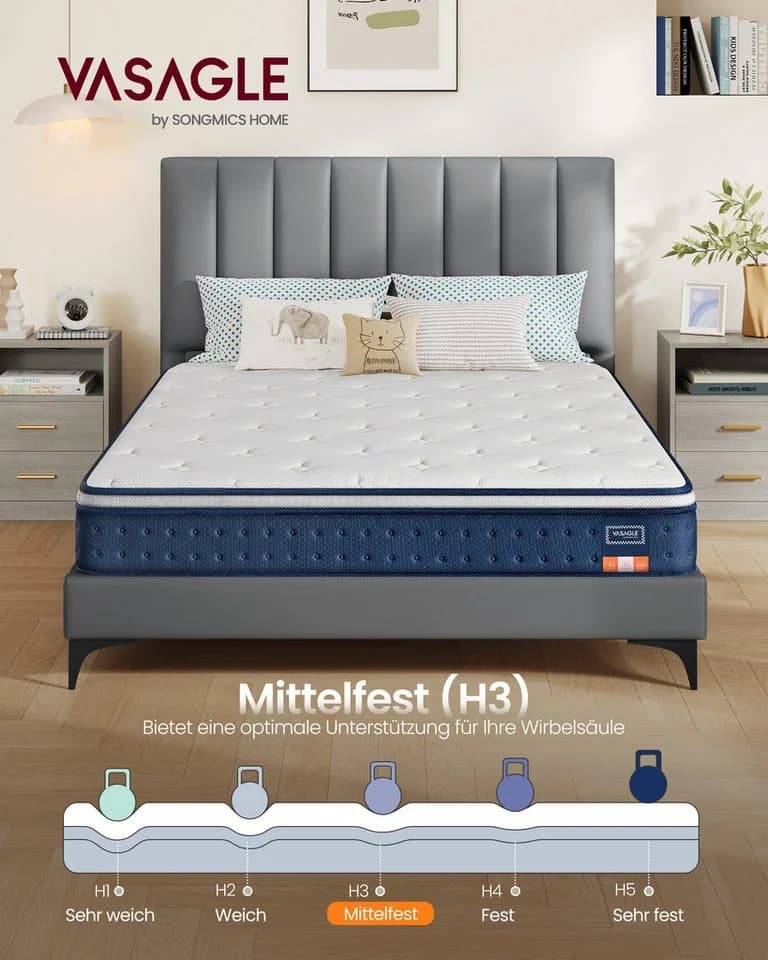 VASAGLE Taschenfederkernmatratze Gel-Memory-Schaum 140x200 cm Blau